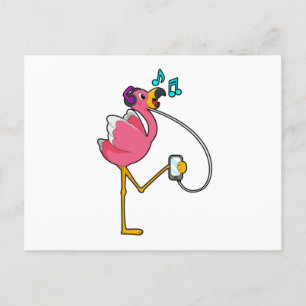 Flamingo bij muziek met koptelefoon briefkaart