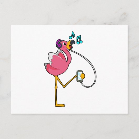 Flamingo bij muziek met koptelefoon briefkaart (Voorkant)
