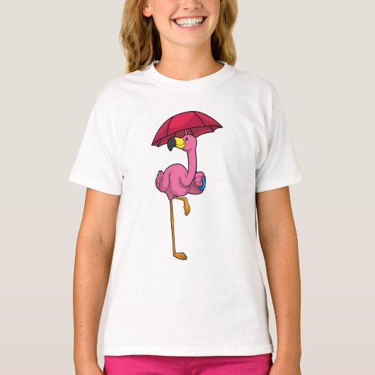 Flamingo bij Raining met Umbrella T-shirt (Voorkant)