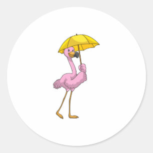 Flamingo bij regen met paraplu ronde sticker