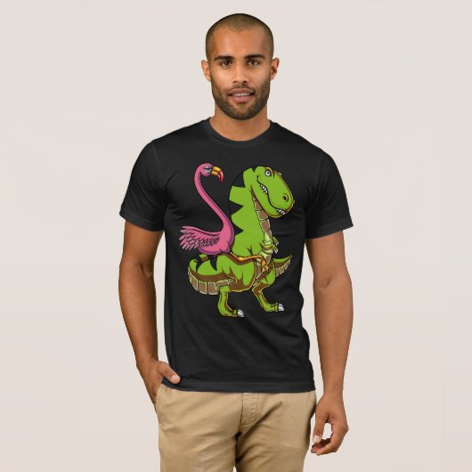 Flamingo Bird Riding T-Rex Dinosaur T-shirt (Voorkant volledig)