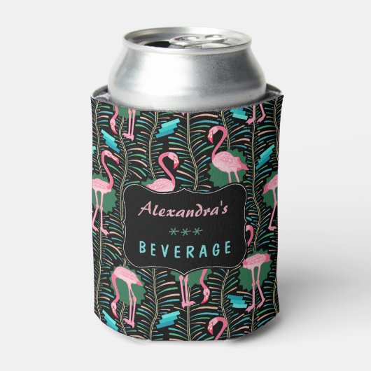 Flamingo Birds 20s Deco Ferns Pattern Black Custom Blikjeskoeler (Blikje Voorkant)
