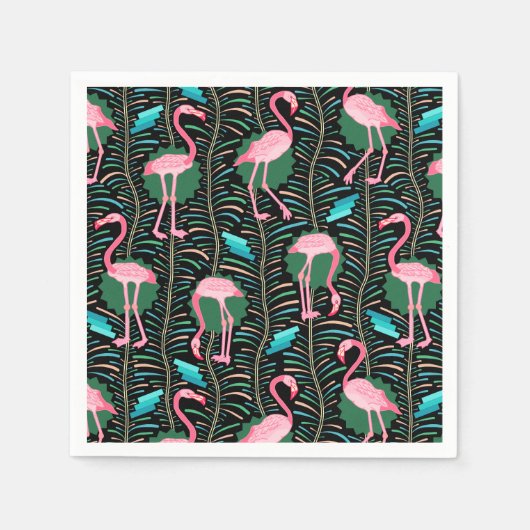 Flamingo Birds 20s Deco Ferns Pattern Black Green Servetten (Voorkant)