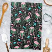 Flamingo Birds 20s Deco Ferns Pattern Black Green Theedoek