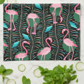 Flamingo Birds 20s Deco Ferns Pattern Black Green Theedoek (Gevouwen)