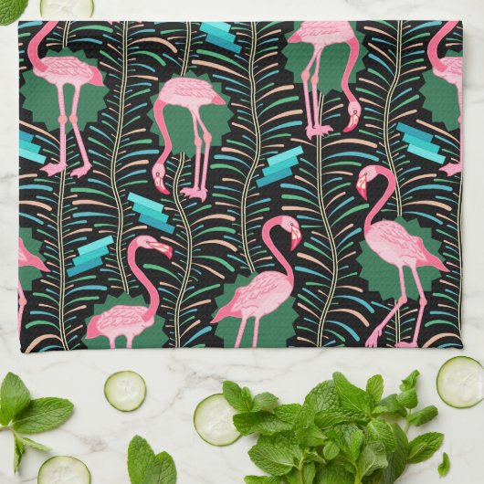 Flamingo Birds 20s Deco Ferns Pattern Black Green Theedoek (Gevouwen)