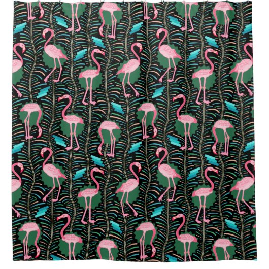 Flamingo Birds 20s Deco Ferns Pattern Black Pink Douchegordijn (Voorkant)