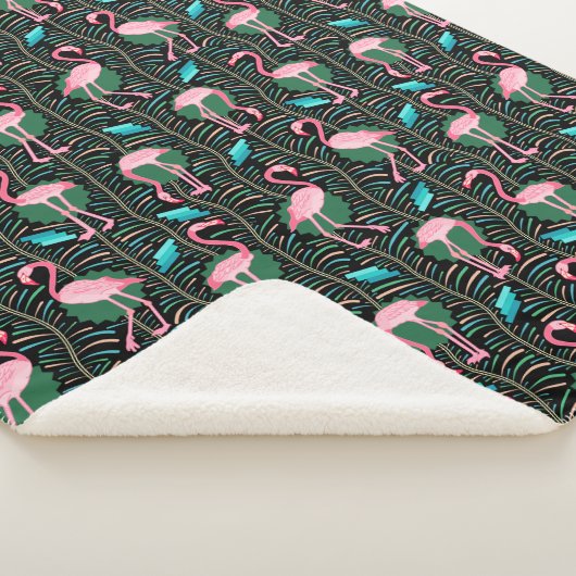 Flamingo Birds 20s Deco Ferns Pattern Black Pink Sherpa Deken (3/4)
