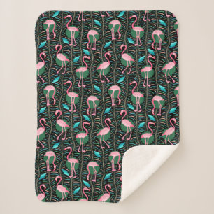 Flamingo Birds 20s Deco Ferns Pattern Black Pink Sherpa Deken