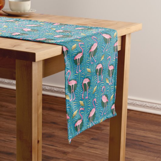 Flamingo Birds 20s Deco Ferns Pattern Blue Gold Medium Tafelloper (Voorbeeld)