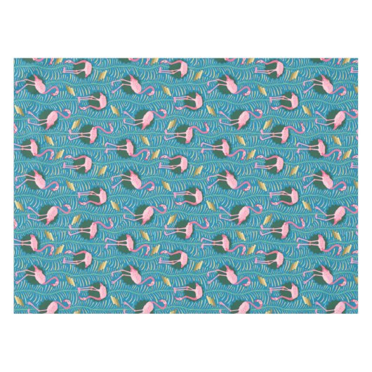Flamingo Birds 20s Deco Ferns Pattern Blue Gold Tafelkleed (Voorkant (Horizontaal))