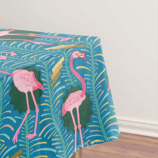 Flamingo Birds 20s Deco Ferns Pattern Blue Gold Tafelkleed (Voorbeeld)