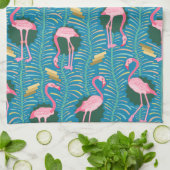 Flamingo Birds 20s Deco Ferns Pattern Blue Gold Theedoek (Gevouwen)