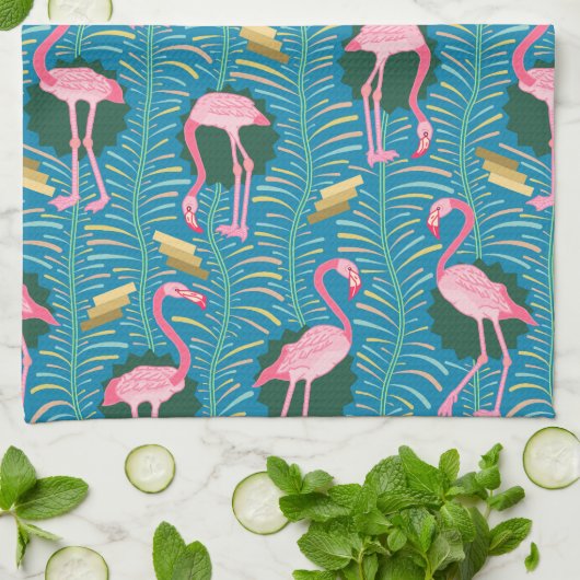 Flamingo Birds 20s Deco Ferns Pattern Blue Gold Theedoek (Gevouwen)
