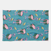 Flamingo Birds 20s Deco Ferns Pattern Blue Gold Theedoek (Horizontaal)