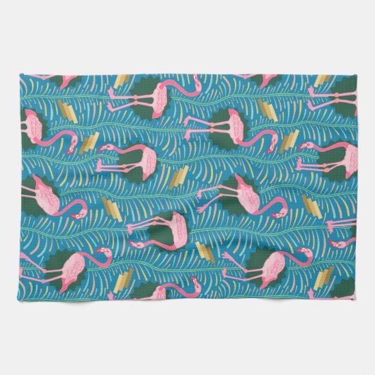 Flamingo Birds 20s Deco Ferns Pattern Blue Gold Theedoek (Horizontaal)