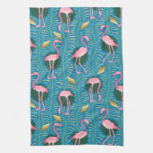 Flamingo Birds 20s Deco Ferns Pattern Blue Gold Theedoek (Verticaal)