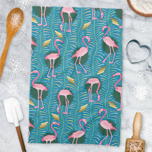 Flamingo Birds 20s Deco Ferns Pattern Blue Gold Theedoek