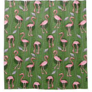 Flamingo Birds 20s Deco Green Ferns Tropical Retro Douchegordijn