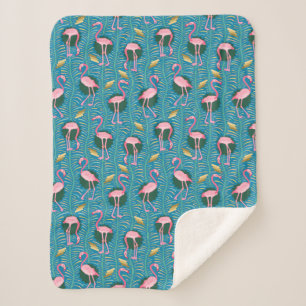 Flamingo Birds 20s Deco Varens Patroon Roze Blauwg Sherpa Deken