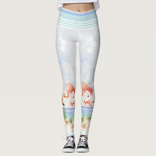 Flamingo Birds Ocean Beach Seashell Striped Art Leggings (Voorkant)