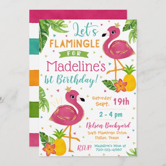 Flamingo Birthday Invitation Flamingo Party Kaart (Voorkant / Achterkant)
