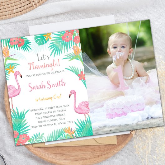 Flamingo Birthday-uitnodigingen met foto Kaart