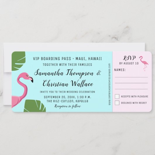 Flamingo Boarding Pass RSVP ticket Bestemming Kaart (Voorkant)