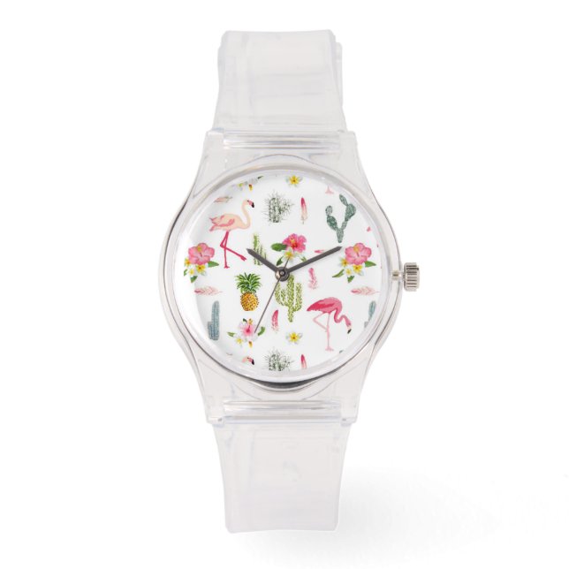 Flamingo Cactus Pineapple Hibiscus Pattern Horloge (Voorkant)