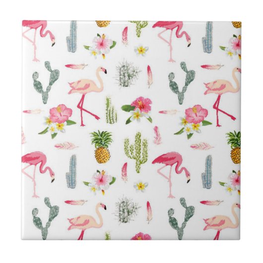 Flamingo Cactus Pineapple Hibiscus Pattern Tegeltje (Voorkant)