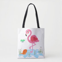 Flamingo die een vis in een vijver waarneemt