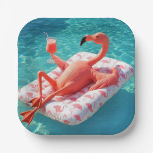 Flamingo die ontspant op een zwembadmatras papieren bordje