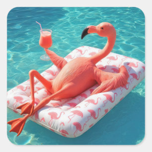 Flamingo die ontspant op een zwembadmatras vierkante sticker