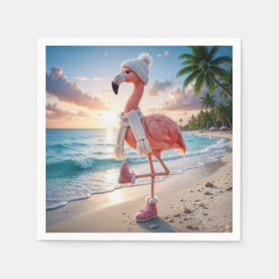 Flamingo draagt winterlaarzen en sjaal servet