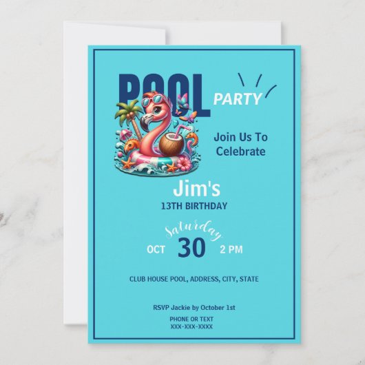 Flamingo drijvend in zwembad verjaardagsfeest kaart (Voorkant)