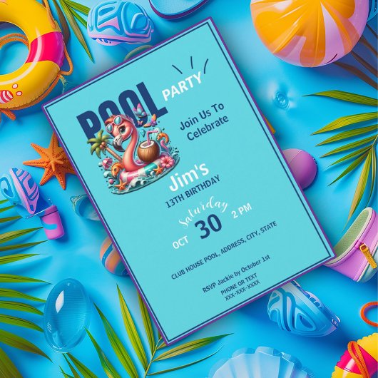 Flamingo drijvend in zwembad verjaardagsfeest kaart