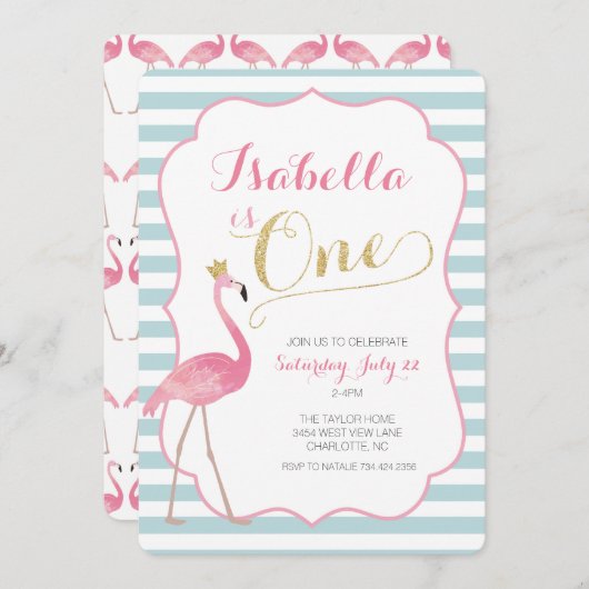 Flamingo eerste verjaardag uitnodiging (Voorkant / Achterkant)