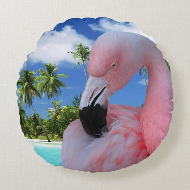 Flamingo en Beach Rond Kussen (Voorkant)