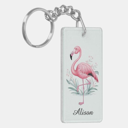 Flamingo en bloemen gepersonaliseerd sleutelhanger (Voorkant Links)