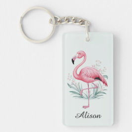 Flamingo en bloemen gepersonaliseerd sleutelhanger