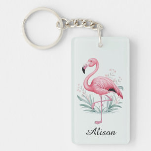 Flamingo en bloemen gepersonaliseerd sleutelhanger
