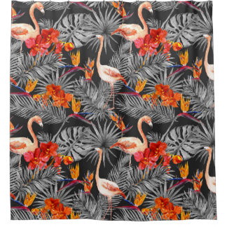 Flamingo en bloemen, monochroom patroon. douchegordijn