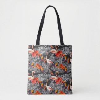 Flamingo en bloemen, monochroom patroon. draagtas