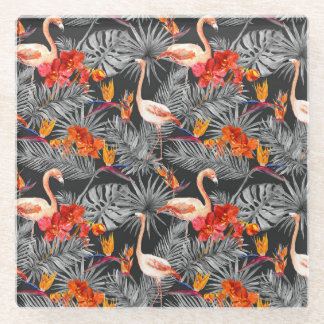 Flamingo en bloemen, monochroom patroon. glazen onderzetter