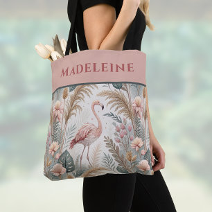 Flamingo en gebladerte in stoffige roze en salie draagtas
