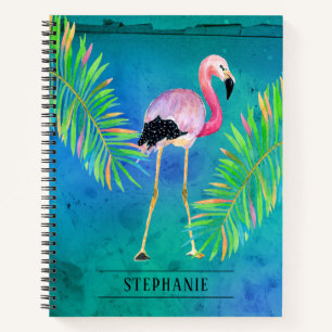 Flamingo en Palm Leaves Aqua Green Notitieboek
