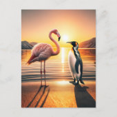 Flamingo en Pinguïn Zonsondergang Ontmoeting Briefkaart (Voorkant)