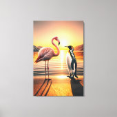 Flamingo en Pinguïn Zonsondergang Ontmoeting Canvas Afdruk (Voorkant)