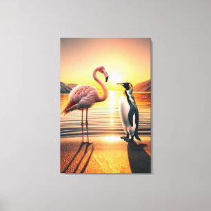 Flamingo en Pinguïn Zonsondergang Ontmoeting Canvas Afdruk