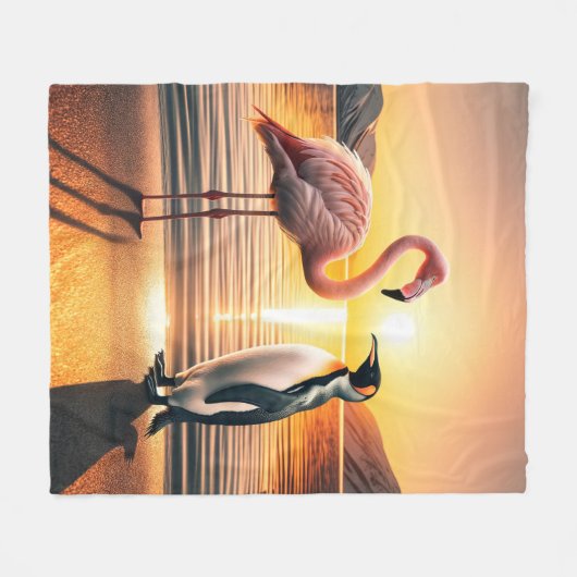 Flamingo en Pinguïn Zonsondergang Ontmoeting Fleece Deken (Voorkant (Horizontaal))